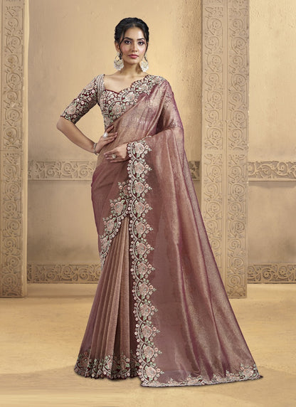 Onion Pink Pure Banarasi Crush With Hand Work Designer Saree