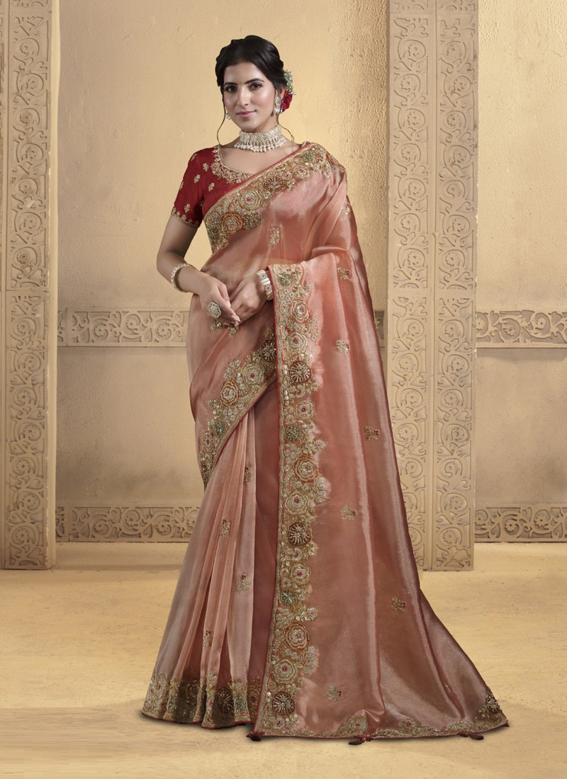 Peach Glass Tissue Sequence With Thread Work Designer Saree