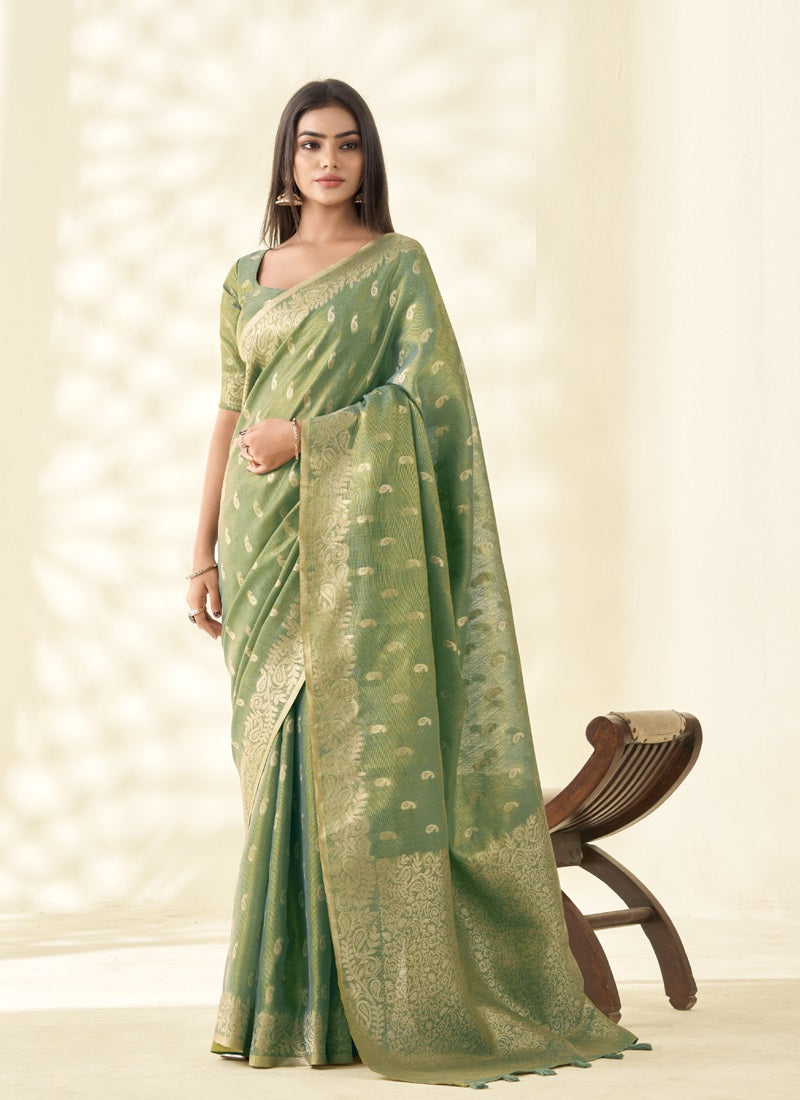 Olive Tissue Linen Zari Weaving Traditional Wear Saree