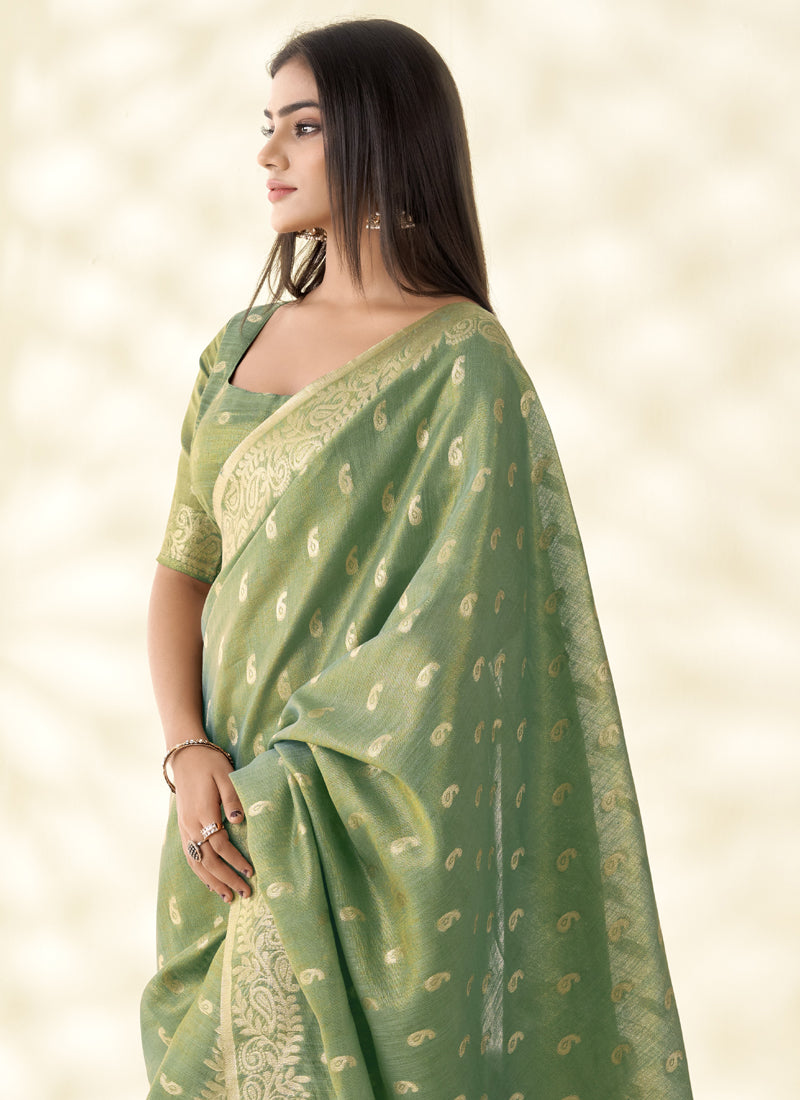 Olive Tissue Linen Zari Weaving Traditional Wear Saree