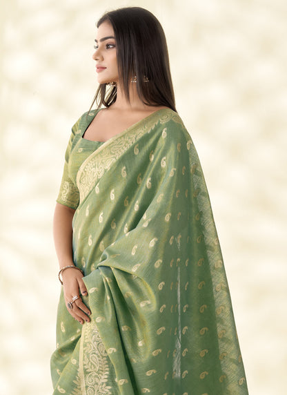 Olive Tissue Linen Zari Weaving Traditional Wear Saree