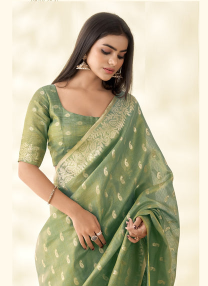 Olive Tissue Linen Zari Weaving Traditional Wear Saree