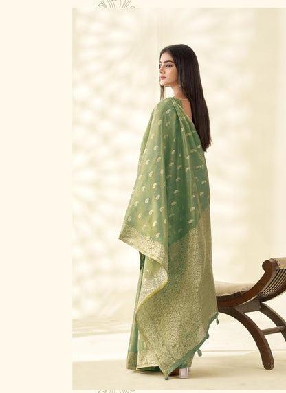 Olive Tissue Linen Zari Weaving Traditional Wear Saree