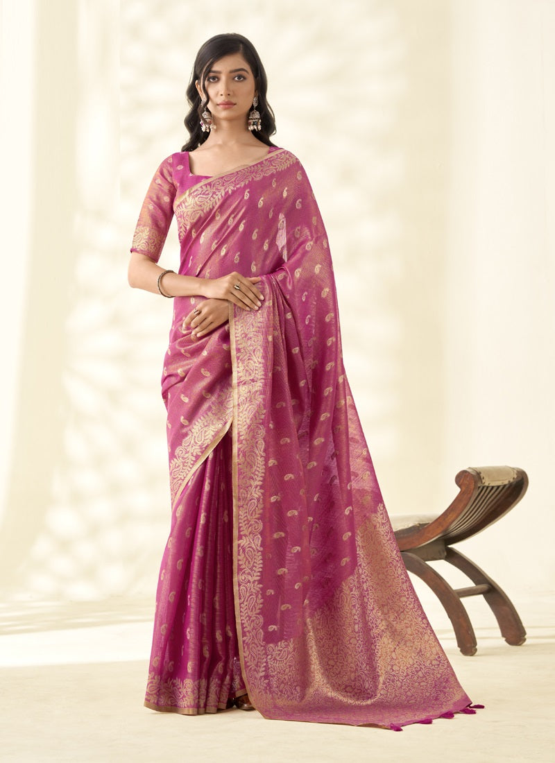 Pink Tissue Linen Zari Weaving  Traditional Wear Saree