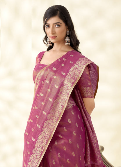 Pink Tissue Linen Zari Weaving  Traditional Wear Saree