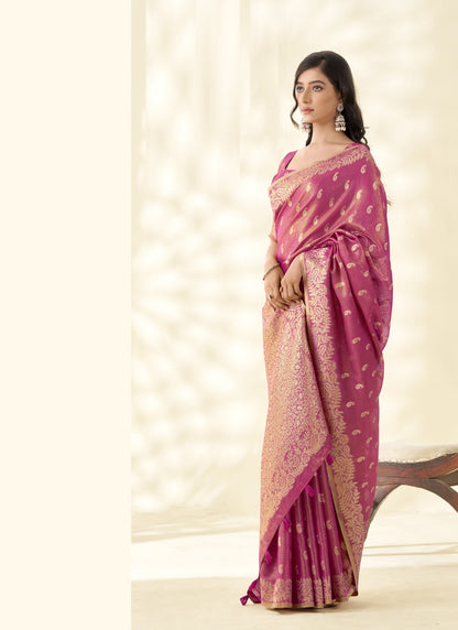 Pink Tissue Linen Zari Weaving  Traditional Wear Saree
