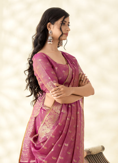 Pink Tissue Linen Zari Weaving  Traditional Wear Saree