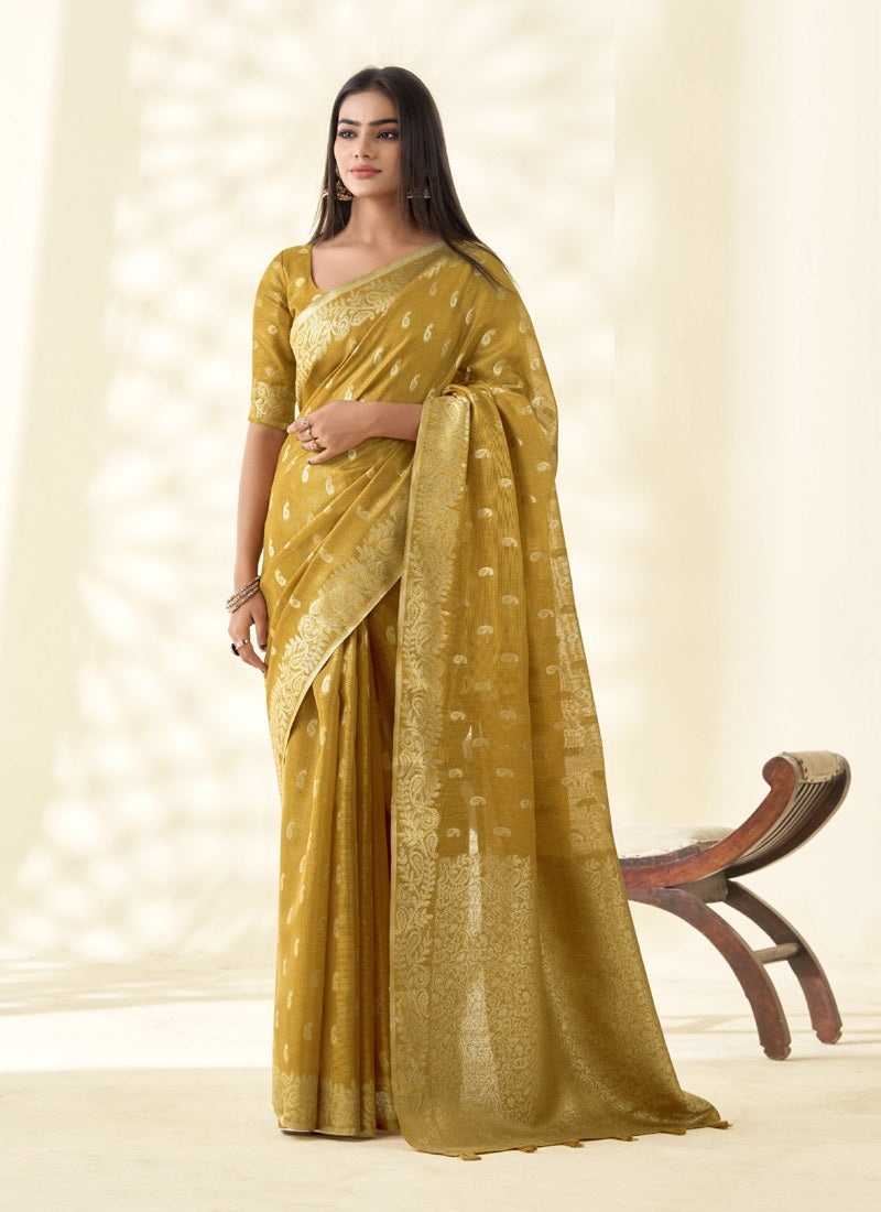 Mustard Tissue Linen Zari Weaving Traditional Wear Saree