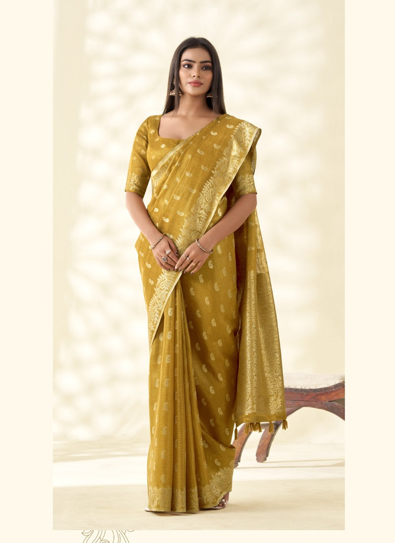 Mustard Tissue Linen Zari Weaving Traditional Wear Saree