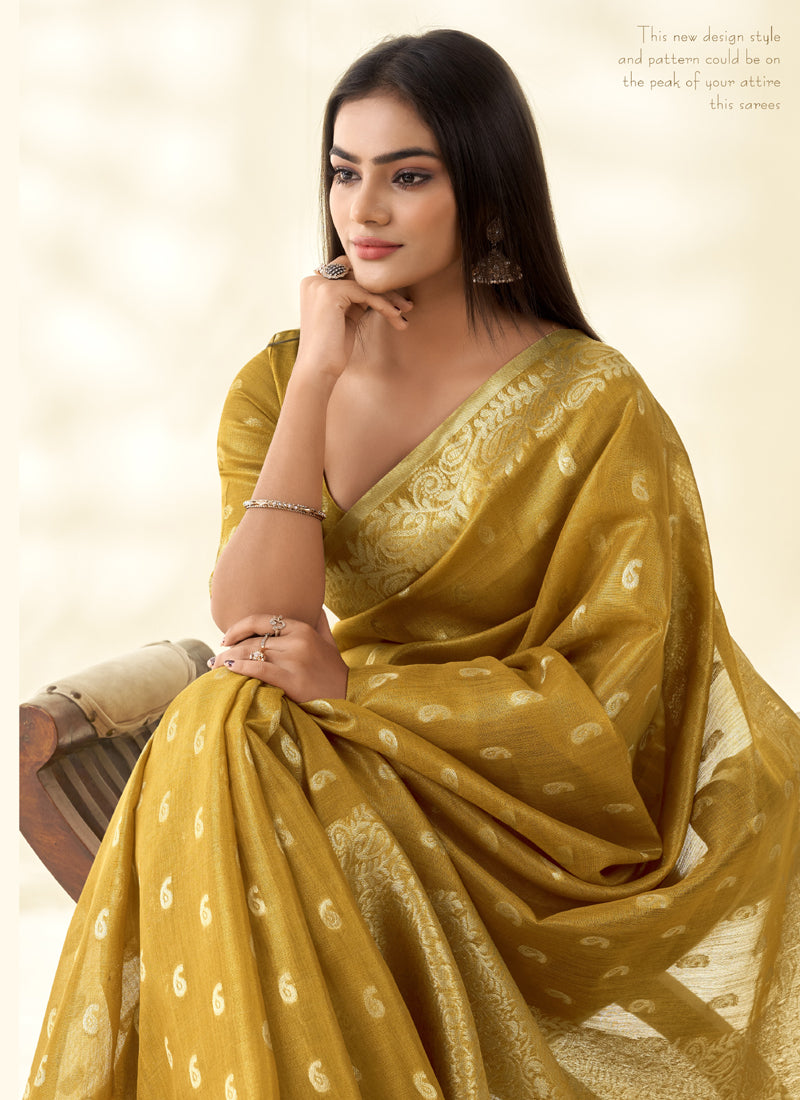 Mustard Tissue Linen Zari Weaving Traditional Wear Saree