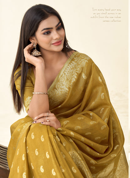 Mustard Tissue Linen Zari Weaving Traditional Wear Saree