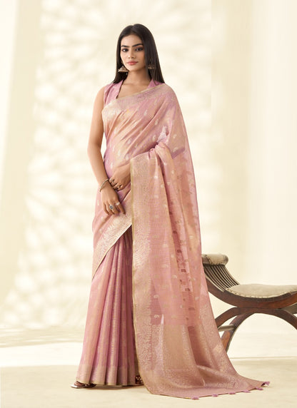 Peach Tissue Linen Zari Weaving Traditional Wear Saree