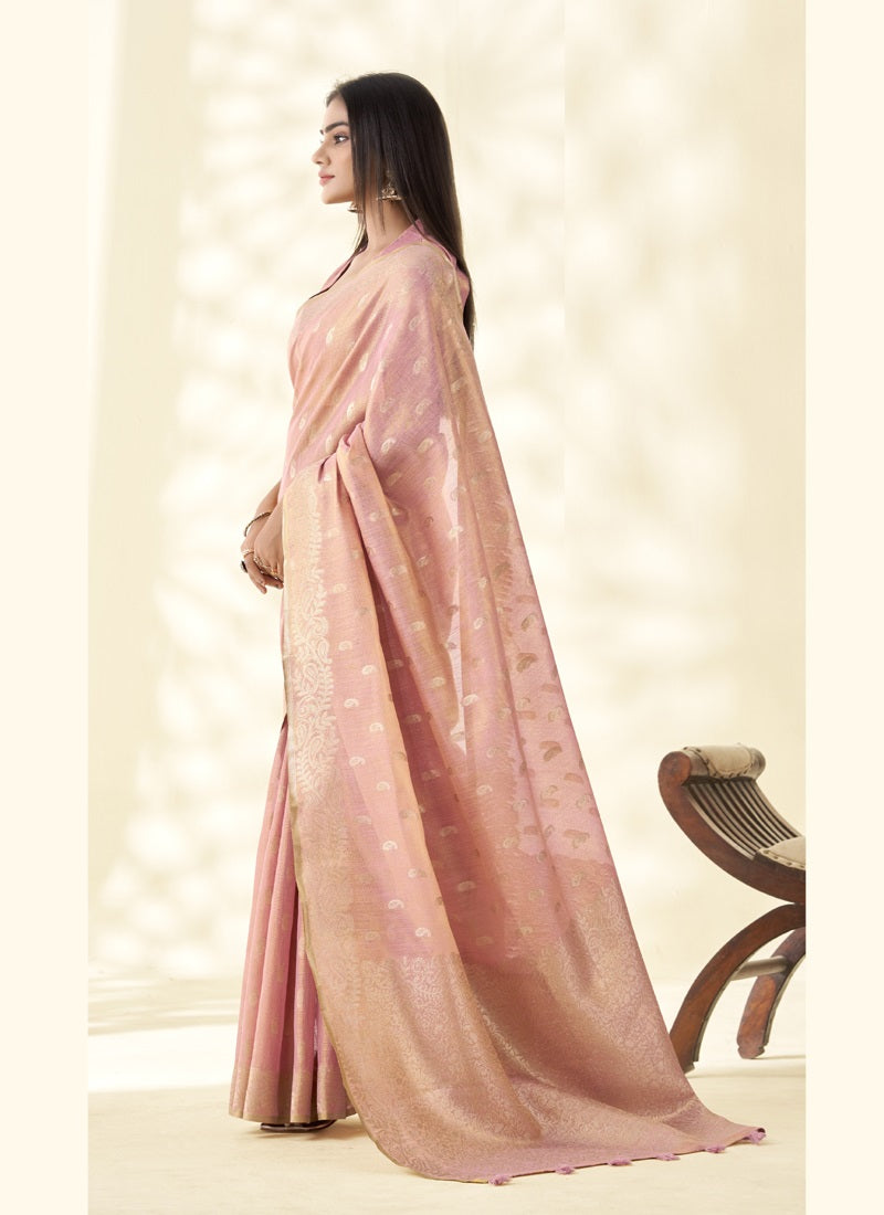 Peach Tissue Linen Zari Weaving Traditional Wear Saree