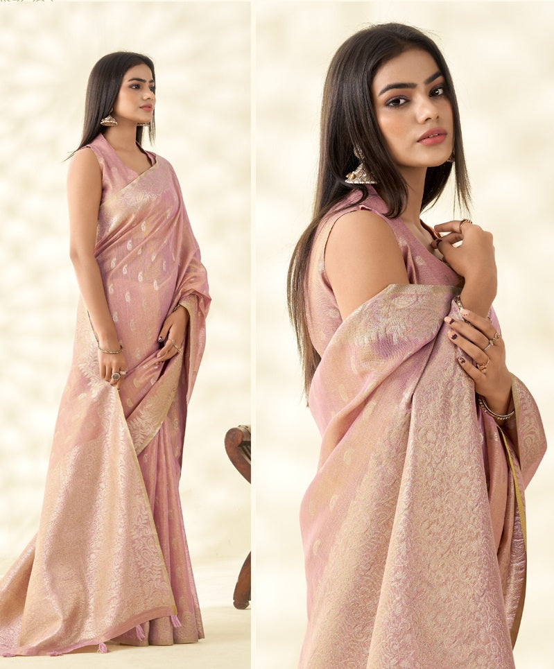 Peach Tissue Linen Zari Weaving Traditional Wear Saree