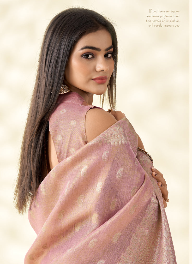 Peach Tissue Linen Zari Weaving Traditional Wear Saree