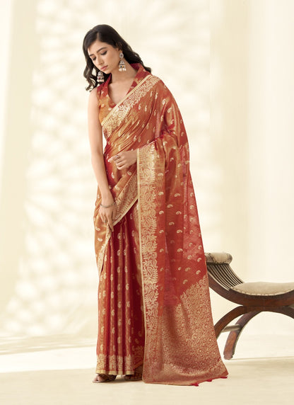 Rust Tissue Linen Zari Weaving  Traditional Wear Saree