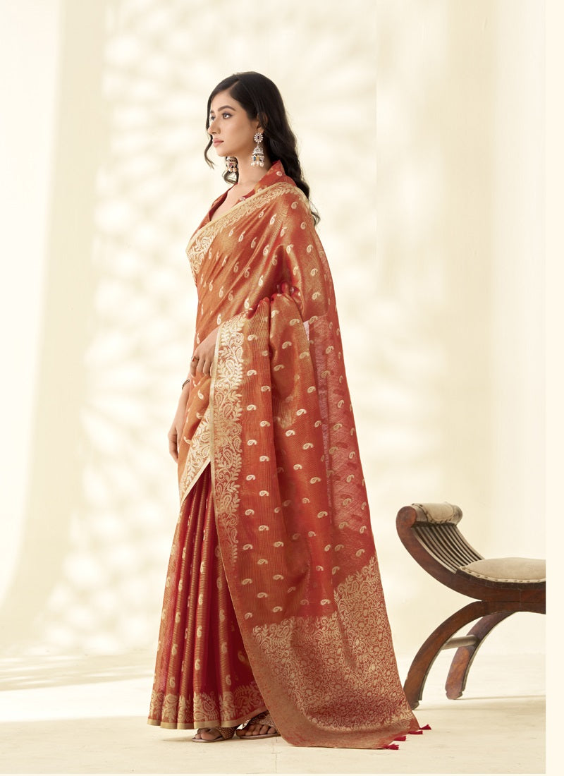 Rust Tissue Linen Zari Weaving  Traditional Wear Saree