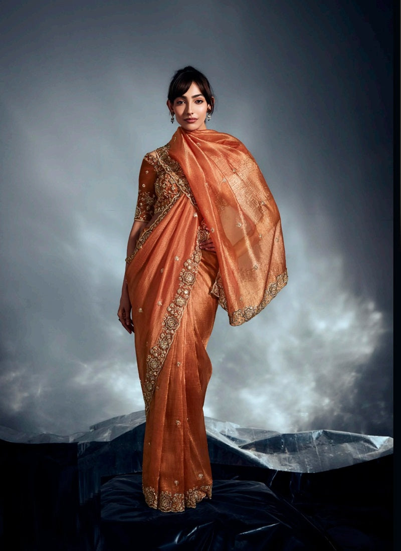 Rust Glass Glass Tissue With Heavy Designer Blouse Party Wear Saree