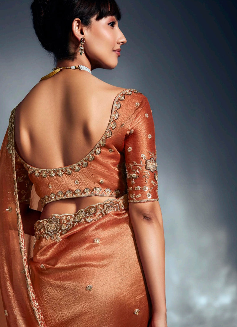 Rust Glass Glass Tissue With Heavy Designer Blouse Party Wear Saree