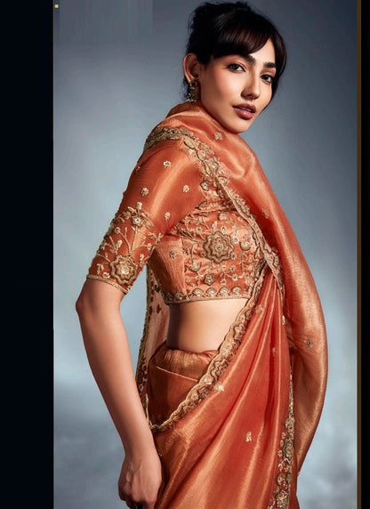 Rust Glass Glass Tissue With Heavy Designer Blouse Party Wear Saree
