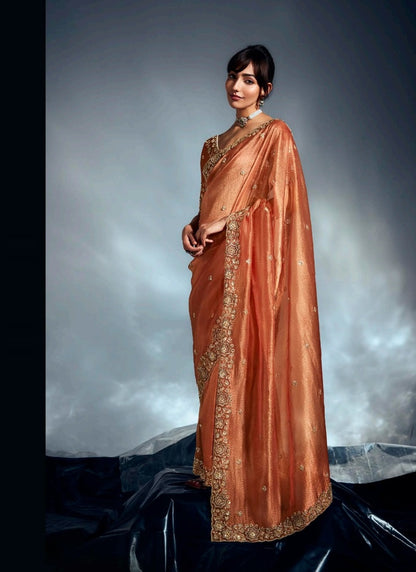 Rust Glass Glass Tissue With Heavy Designer Blouse Party Wear Saree