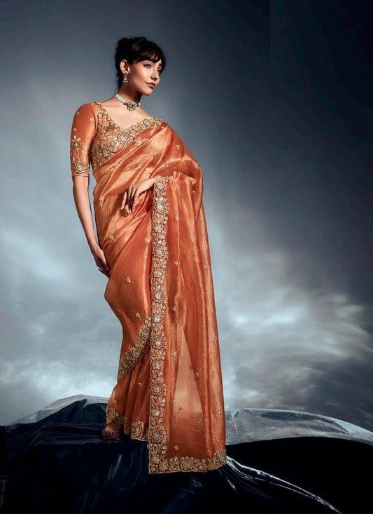 Rust Glass Glass Tissue With Heavy Designer Blouse Party Wear Saree