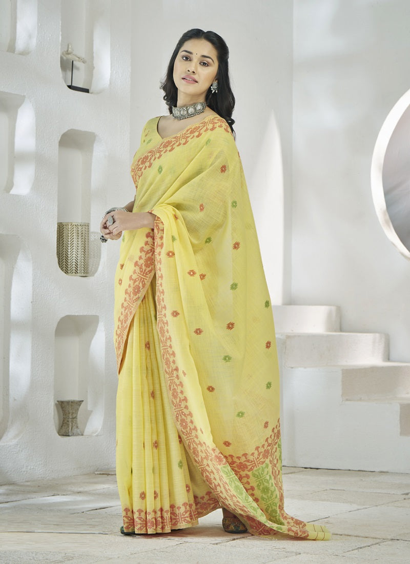 Lemon Yellow Linen Soft Beautiful Weaving Casual Wear Saree
