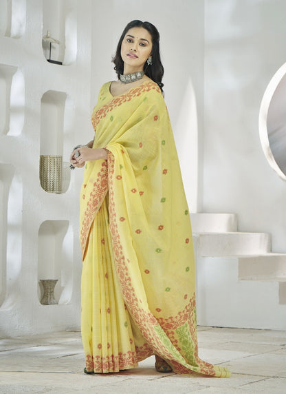 Lemon Yellow Linen Soft Beautiful Weaving Casual Wear Saree