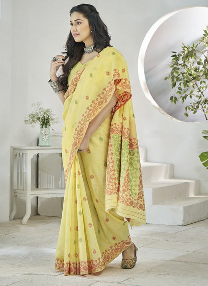 Lemon Yellow Linen Soft Beautiful Weaving Casual Wear Saree