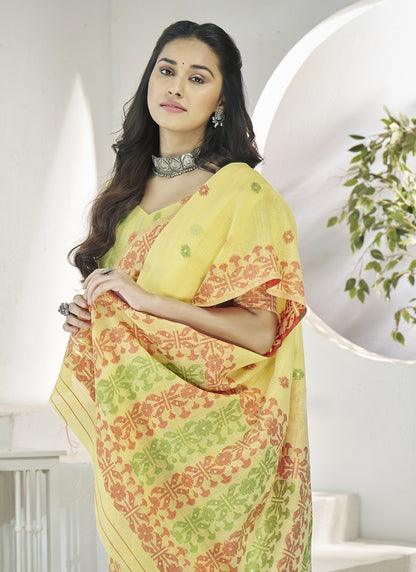 Lemon Yellow Linen Soft Beautiful Weaving Casual Wear Saree
