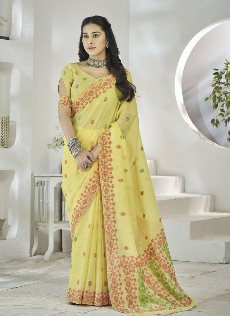 Lemon Yellow Linen Soft Beautiful Weaving Casual Wear Saree