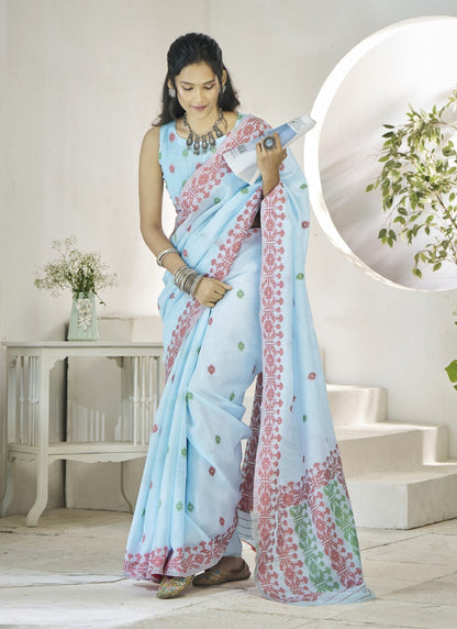 Light Sky Blue Linen Soft Beautiful Weaving Casual Wear Saree