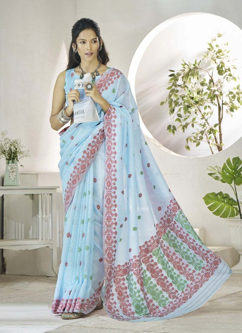 Light Sky Blue Linen Soft Beautiful Weaving Casual Wear Saree