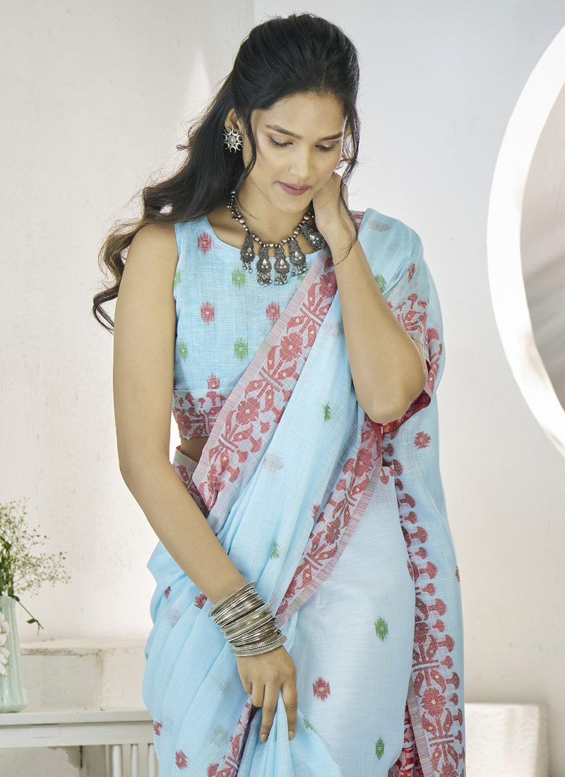 Light Sky Blue Linen Soft Beautiful Weaving Casual Wear Saree