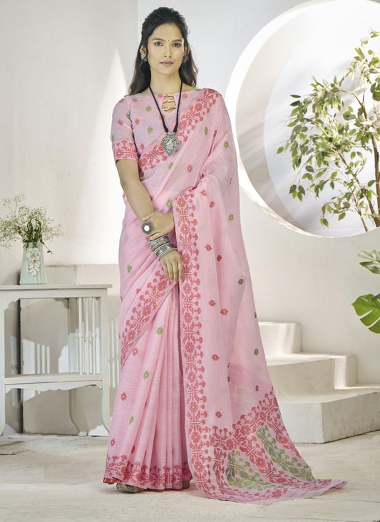 Baby Pink Linen Soft Beautiful Weaving Casual Wear Saree