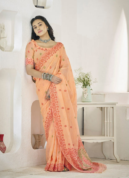 Orange Linen Soft Beautiful Weaving Casual Wear Saree