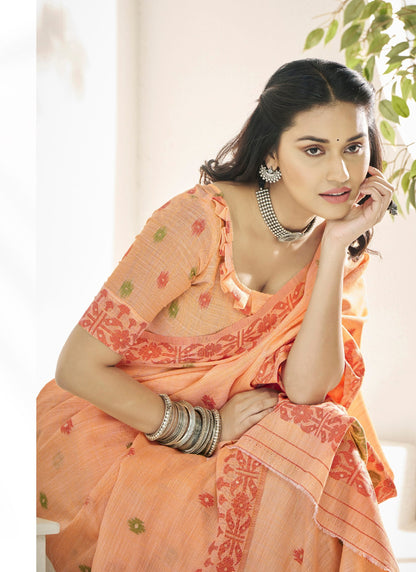 Orange Linen Soft Beautiful Weaving Casual Wear Saree