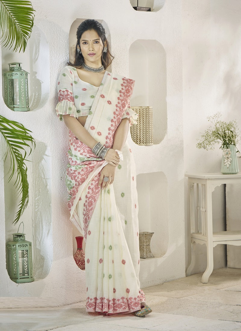 White Linen Soft Beautiful Weaving Casual Wear Saree