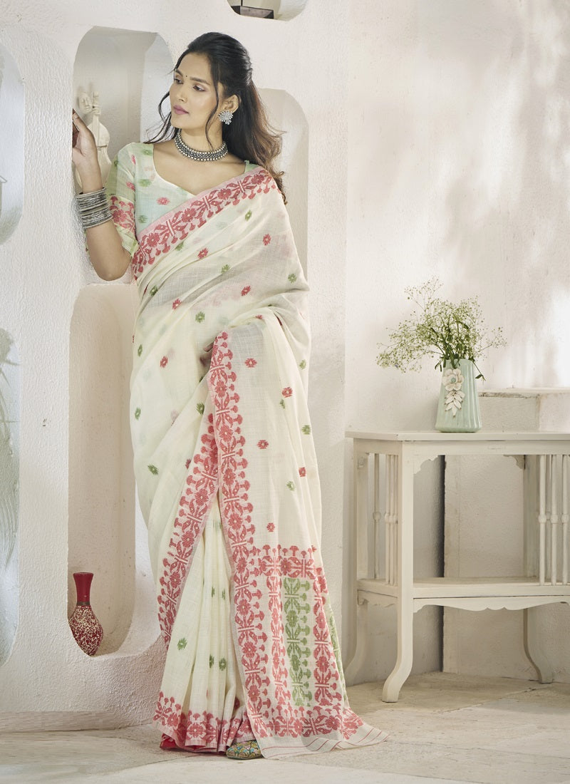 White Linen Soft Beautiful Weaving Casual Wear Saree