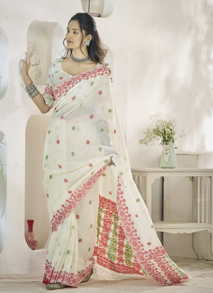 White Linen Soft Beautiful Weaving Casual Wear Saree