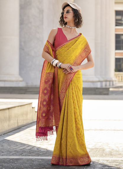 Mustard & Red Soft Silk Bandhani Print With Weaving Beautiful Border Saree