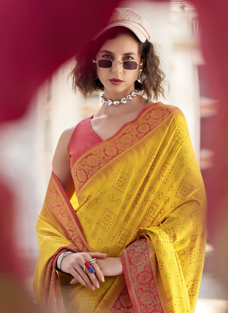 Mustard & Red Soft Silk Bandhani Print With Weaving Beautiful Border Saree