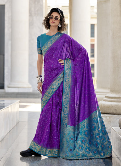 Purple & Sky Blue Soft Silk Bandhani Print With Weaving Beautiful Border Saree