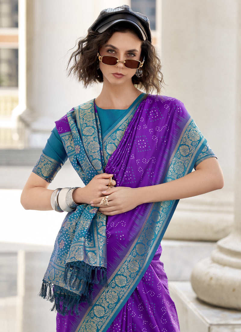 Purple & Sky Blue Soft Silk Bandhani Print With Weaving Beautiful Border Saree