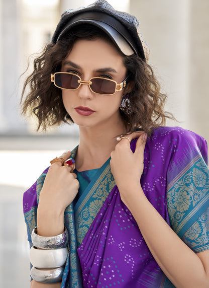 Purple & Sky Blue Soft Silk Bandhani Print With Weaving Beautiful Border Saree