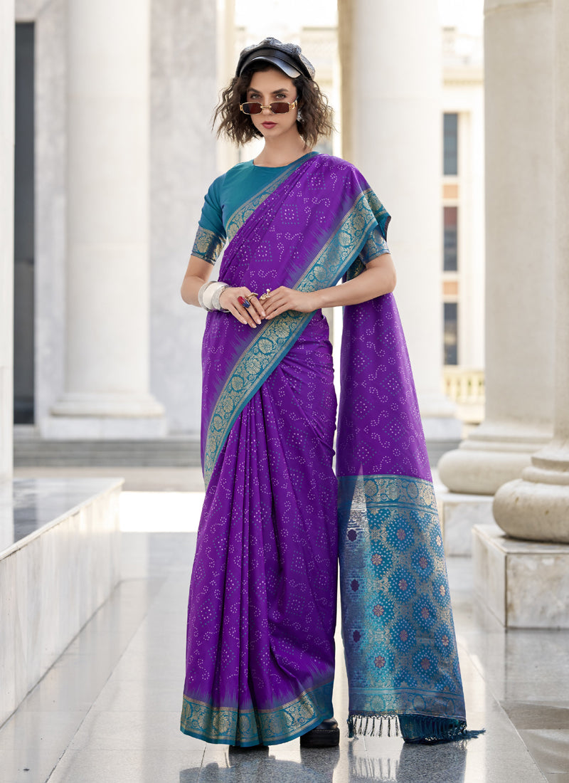 Purple & Sky Blue Soft Silk Bandhani Print With Weaving Beautiful Border Saree