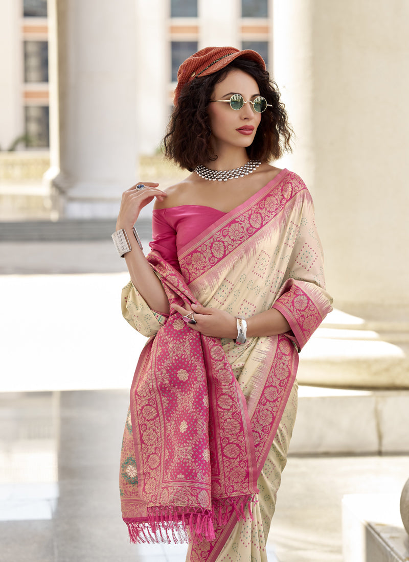 Off-White & Pink Soft Silk Bandhani Print With Weaving Beautiful Border Saree