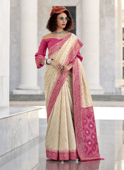Off-White & Pink Soft Silk Bandhani Print With Weaving Beautiful Border Saree