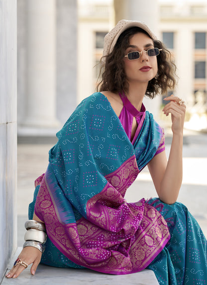 Sky Blue & Magenta Soft Silk Bandhani Print With Weaving Beautiful Border Saree