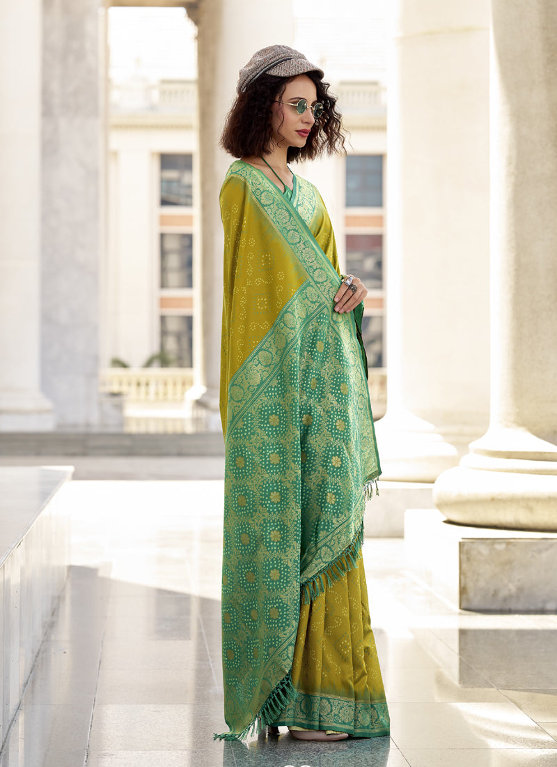 Olive & Green Soft Silk Bandhani Print With Weaving Beautiful Border Saree